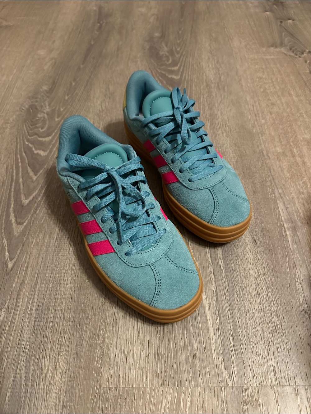 adidas Teal Suede Sneakers with Pink Stripes and Gum Sole